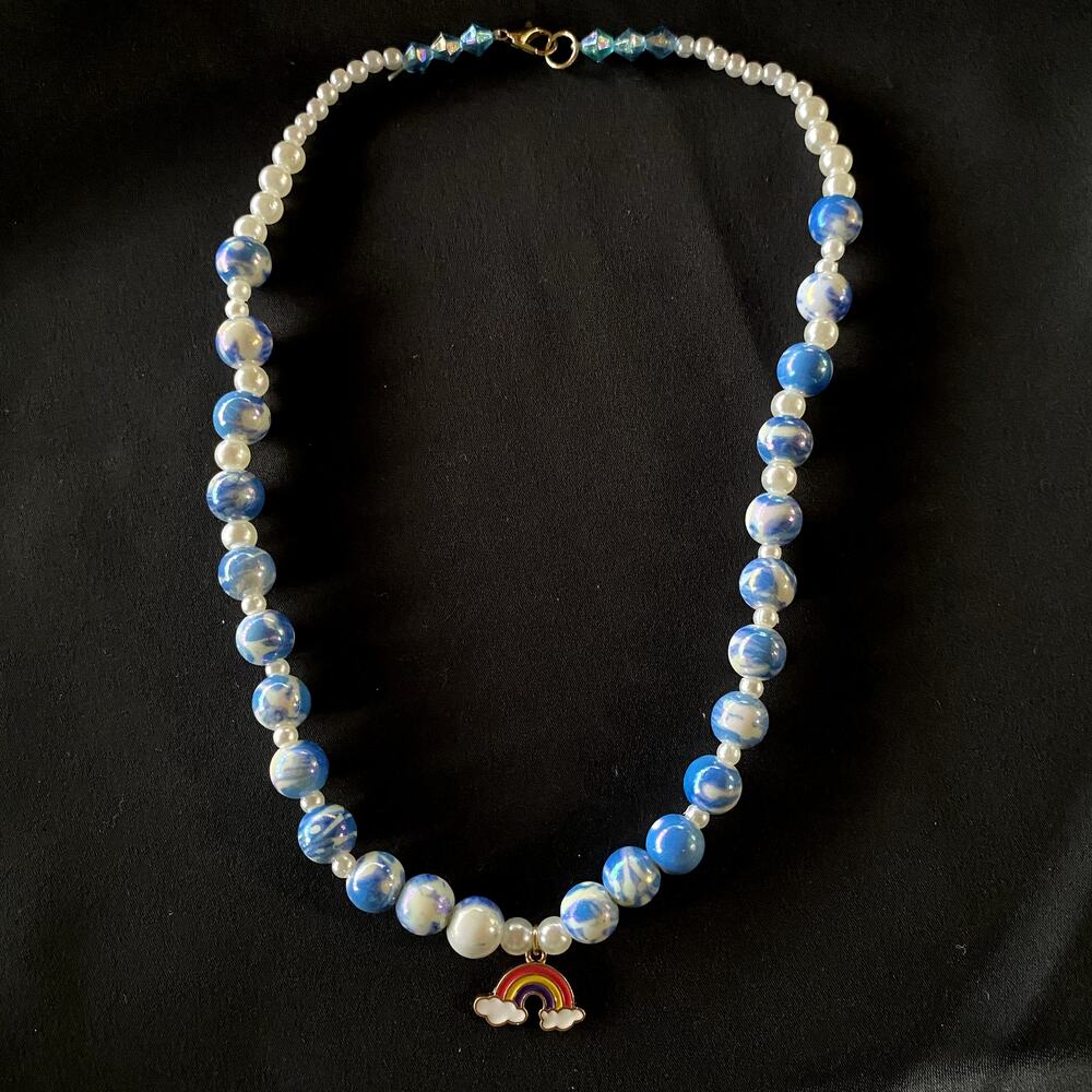 Rainbow Charm Blue Beaded Clouds and Pearls Necklace